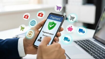 Secure Mobile Payment Success on Smartphone with E-commerce and Digital Service Icons, Highlighting Online Shopping and Financial Technology - Powered by Adobe
