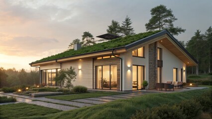 Modern house with a green roof blending seamlessly into the natural landscape