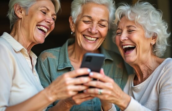 Three senior women laugh together watching a phone. Friends enjoy communication and social media content. Aged females share moments of happiness while using modern wireless tech in daylight.