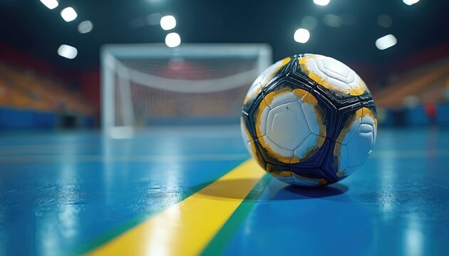 Futsal ball lies on court in foreground near goal. Indoor soccer game equipment placed inside sports arena. Goal net is blurred in hall. Floor has blue and yellow line. - Powered by Adobe