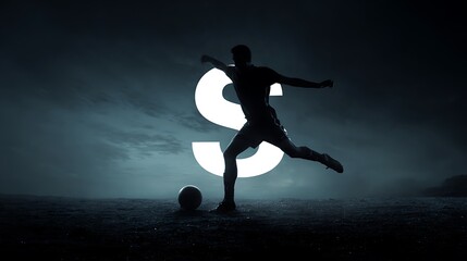 Soccer Player Kicking Ball with Large ' S' Symbol in Dramatic Sky football silhouette Photo