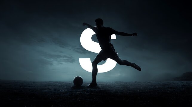 Soccer Player Kicking Ball with Large ' S' Symbol in Dramatic Sky football silhouette Photo - Powered by Adobe