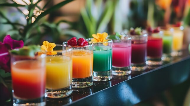Row of colorful, vibrant, healthy juice shots garnished with fruit and edible flowers on a bar