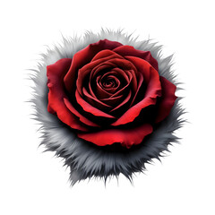 A highly detailed, vibrant red rose blossom centered on a circle of soft, spiky grey or white fur or feathers. Dramatic floral illustration on white background