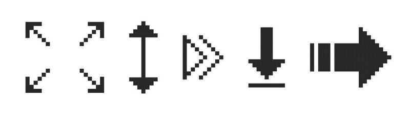 Pixel arrow set. Pixel art different directions 8 bit gaming console style sign. Interface icon. Collection