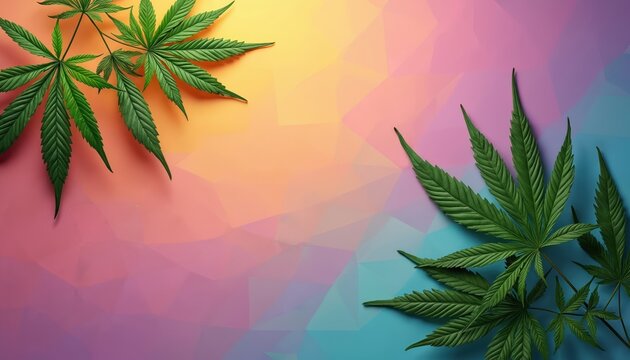 Green cannabis leaves rest on vibrant, multicolored low-poly background. Abstract backdrop features pastel pink, yellow, blue geometric shapes, creating modern, artistic feel for medicinal decorative