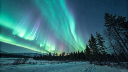 The mesmerizing aurora borealis dances above a snowcovered landscape at night
