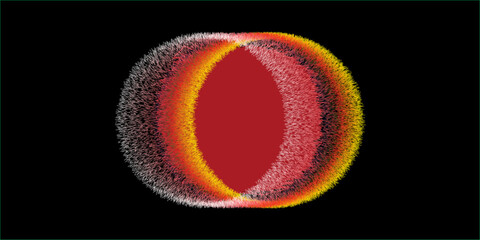 Dark digital background featuring a central, radiant, eye-like or spherical form with an inner solid deep red core, surrounded by concentric elliptical rings 