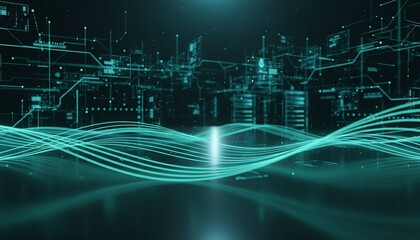 Futuristic visualization of a smart factory with glowing blue data streams and complex network circuits on a digital background