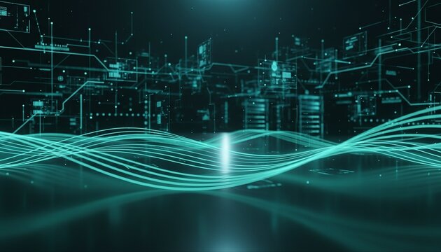 Futuristic visualization of a smart factory with glowing blue data streams and complex network circuits on a digital background