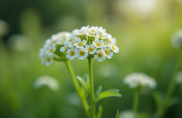 Close-up Cochlearia officinalis. Small white flowers feature yellow centers. Blooms form clusters, stem rich green leaves. Gentle sunlight filters adding warmth, nature beauty shines in botanical