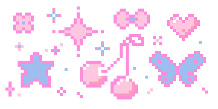 Cute pixel border nice pink pixel decoration. Y2k retro game 8 bit flower blossom, stars sparkles, butterfly, heart and cherry. Whimsical sparkling shining stars emoji,
