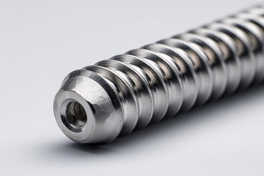 Macro photo of a precision-machined stainless leadscrew with helical thread geometry and polished metal finish