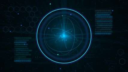 Blue HUD overlay shows chemistry atom elements in active motion - Powered by Adobe