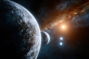 Celestial bodies display wonders in a distant galaxy with swirling colors and vibrant stars