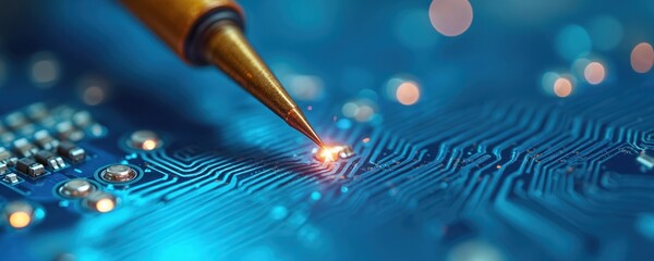 Technician solders microchip on blue circuit board. Worker using soldering iron with glowing spark to fix electronic component. Computer hardware repair, maintenance service. Precision work on