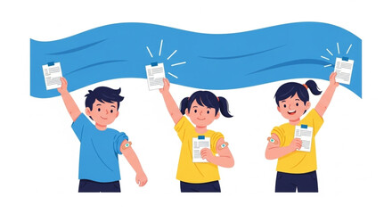 Happy kids proudly showing their vaccination records after getting vaccinated, celebrating health and safety with smiles and carefree joy