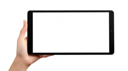 A person holds a tablet in front of a plain white background, ready for displays, presentations, or digital art.
