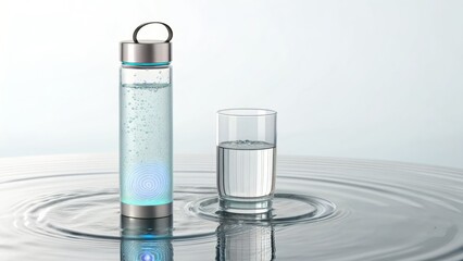 Hydrogen water bottle and glass isolated on white background