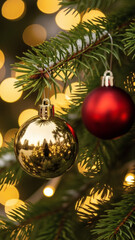 Realistic Golden and Red Christmas Ornaments on Tree