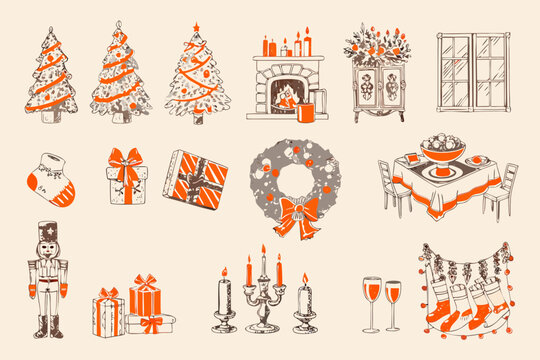 A festive collection of christmas illustrations including trees gifts and decor