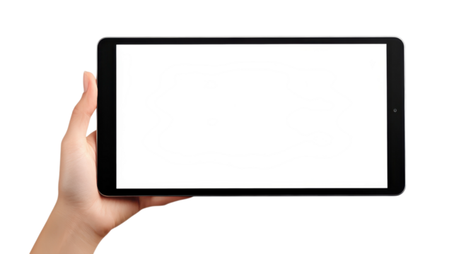 A person holds a tablet in front of a plain white background, ready for displays, presentations, or digital art. - Powered by Adobe