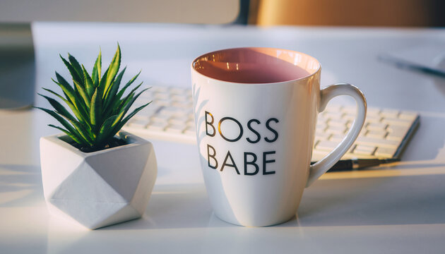 “Boss Babe” mug and plant on bright desk – female entrepreneur workspace and motivation concept