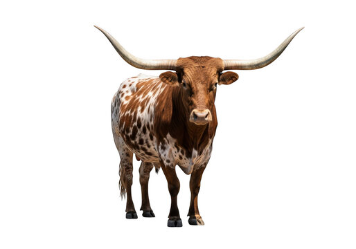 Majestic texas longhorn steer with impressive horns, brown and white spotted coat, farm animal, livestock, cattle, isolated on transparent background
