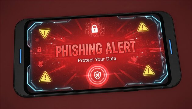 A smartphone screen displaying words ‘PHISHING ALERT’, a glowing red cybersecurity caution background. Suitable for marketing or business purposes