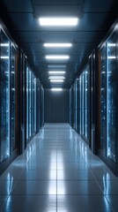 Dark server room corridor with lights, data center interior, big data storage technology, cyber infrastructure network, vertical 9:16 background for social media stories