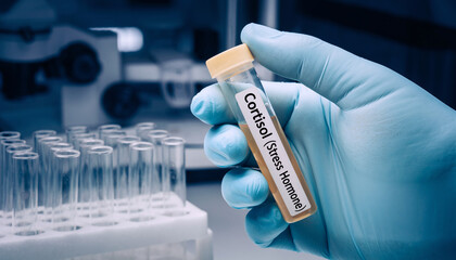 Cortisol stress hormone sample in lab &ndash; scientific research and medical diagnostics concept