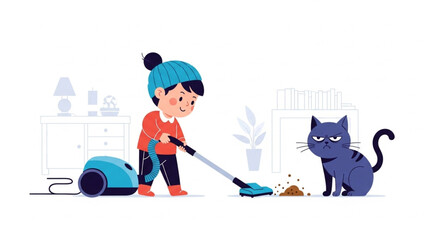 Adorable child vacuuming with a grumpy cat watching, a charming scene of chores and feline disapproval for home life and humorous content