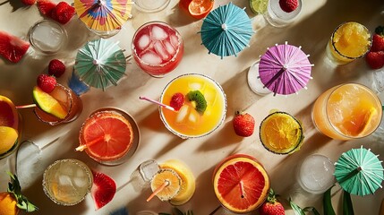 Overhead view of a vibrant summer cocktail party spread featuring colorful drinks, fresh fruit slices, and festive paper umbrellas on a light surface