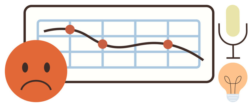 Downward sloping line graph with grid, sad face, microphone, and lightbulb. Ideal for analytics, performance, recession, speech, innovation failure problem-solving scenarios simple flat metaphor