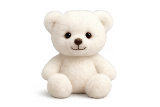 White teddy bear plush toy with friendly smile representing childhood, comfort, innocence, and care, transparent background