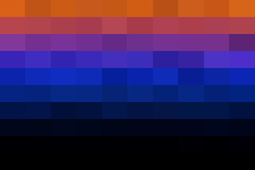Pixelated horizontal gradient background featuring a vibrant spectrum of orange, red, purple, blue, and black squares for modern digital art.