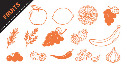 Hand Drawn Fruits and Vegetables Vector Set | Outline Icons of Apple, Lemon, Grapes, Banana, Strawberry, and Ginger for Healthy Food and Organic Design.