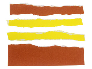 Set of pieces of torn or cut yellow and brown paper, design elements isolated on white background.