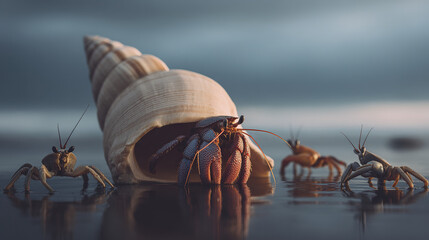occupying. Hermit crab occupying an oversized shell, other crabs nearby in shallow tide pools. wildlife magazines, conservation campaigns, designed for eco-tourism storytelling.