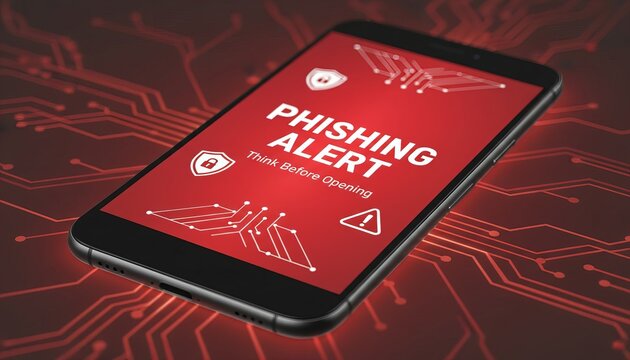 A smartphone screen displaying words ‘PHISHING ALERT’, a glowing red cybersecurity caution background. Suitable for marketing or business purposes