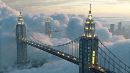 A majestic bridge towers over a sea of clouds, connecting distant skyscrapers