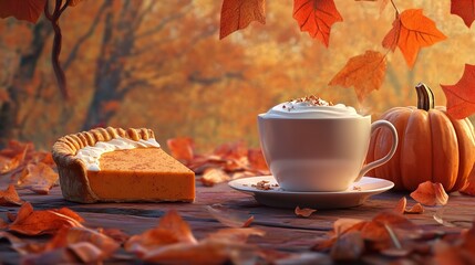 Cozy autumn scene featuring a slice of pumpkin pie and a warm whipped cream topped drink surrounded by vibrant orange fall leaves and a small pumpkin