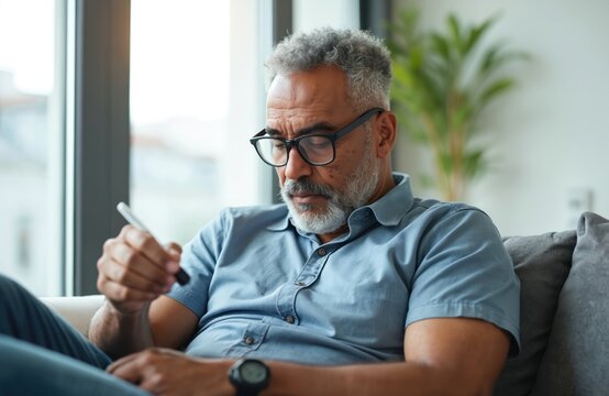 Man checks blood sugar levels at home. African american man uses glucose meter for diabetes control. Mature male measures blood glucose with lancing device on sofa indoors.