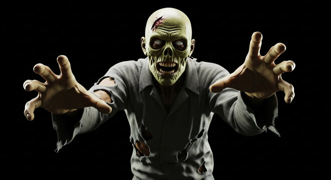 A scary zombie with green skin and a wound on his forehead reaches out with his hands