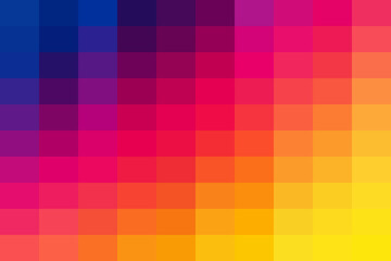 Abstract square pixel gradient background from blue and purple to vibrant red, orange, and yellow hues, modern digital mosaic art