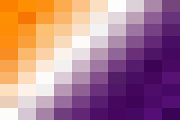 Obraz premium Abstract geometric pixelated background showcasing a smooth color gradient from vibrant orange to pristine white then to deep purple squares