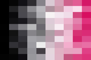 Abstract digital pixel art background with a color gradient from dark gray to vibrant pink squares, forming a modern geometric mosaic pattern