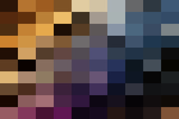 Abstract mosaic grid pattern featuring a rich gradient transition from warm earthy tones of brown and orange to cool blue, grey, and purple hues.