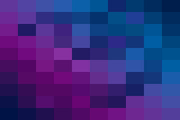 Abstract mosaic pixel art background with a vibrant gradient transitioning from deep magenta and purple hues to bright and dark blue tones, creating a modern digital pattern.