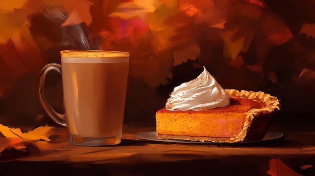 A slice of pumpkin pie topped with whipped cream sits next to a steaming mug of latte against a warm autumn background